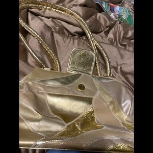 NWT vintage Metallic gold patches purse /padded shoulder straps & 3 big sections